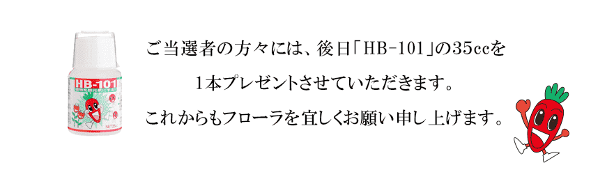 ご当選者の方々には、後日「HB-101」の３５ccを
1本プレゼントさせていただきます。
これからもフローラを宜しくお願い申し上げます。