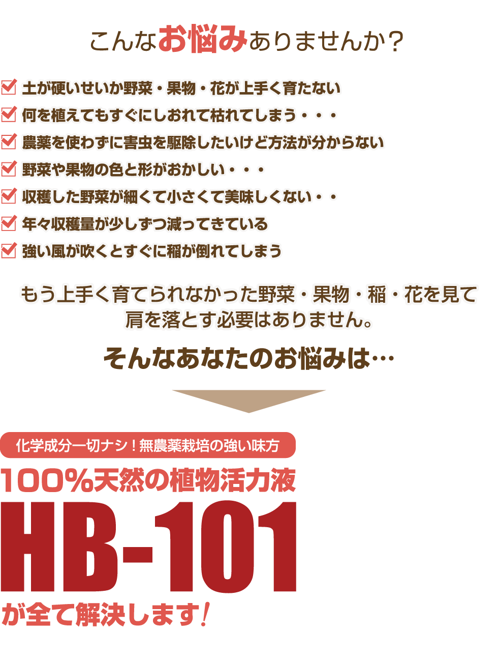化学成分一切ナシ！無農薬栽培の強い味方100％天然の植物活力液HB-101が全て解決します！