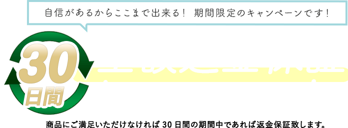 30日間全額返金保証キャンペーン！商品にご満足いただけなければ30日間の期間中であれば返金保証致します。